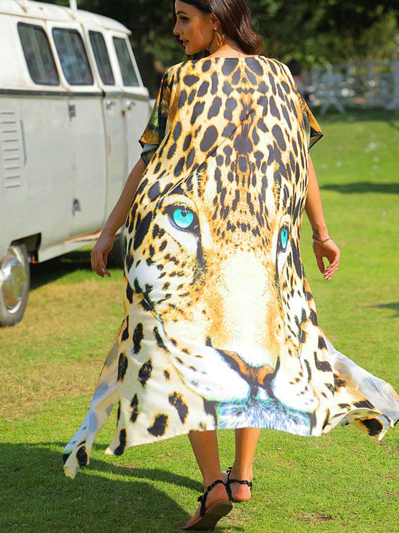 Leopard Print Yellow Leopard Color Polyester Long Length Gown Kimono Duster Robe - Fashionpara
