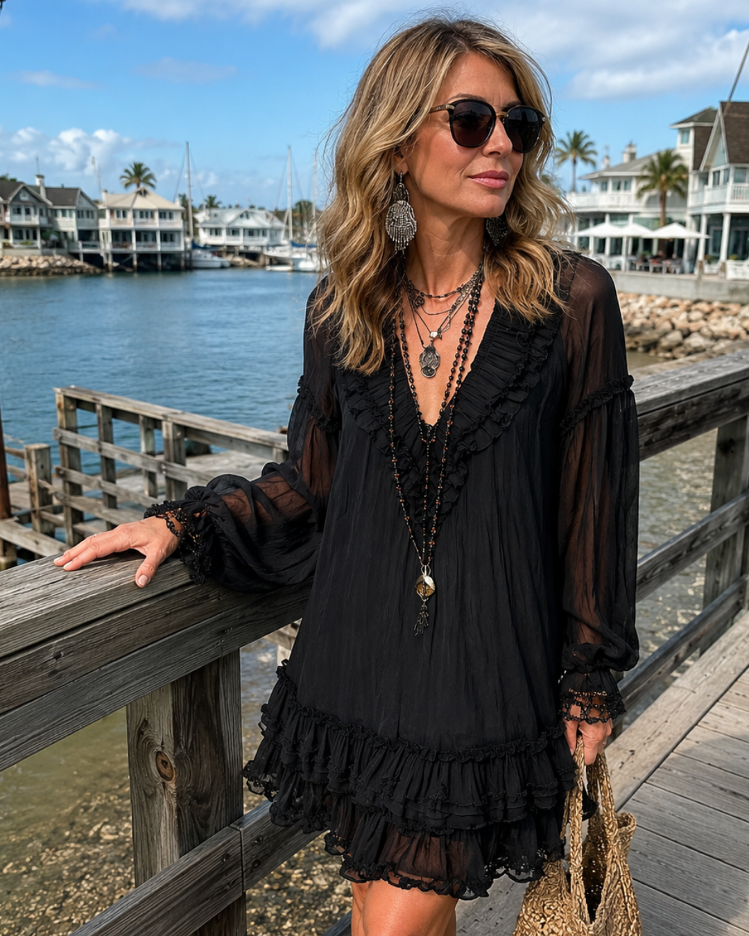 Deep V-Neck Long Sleeve Tiered Ruffle Mini Dress