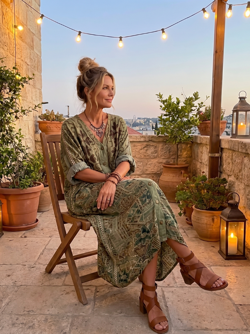 Boho Print V-Neck Button Front Pocket Midi Dress 5