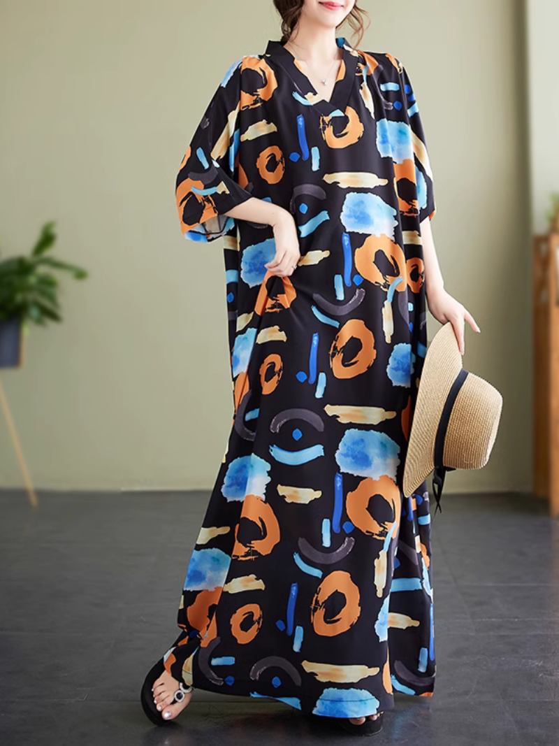 Abstract Print V-Neck Short Sleeve Kaftan Maxi Dress 4