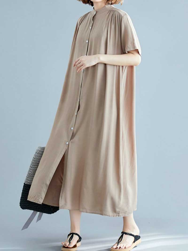Long Cotton Front Button Cotton Shirt Dress (White - Black - Grey- Apricot) - Fashionpara