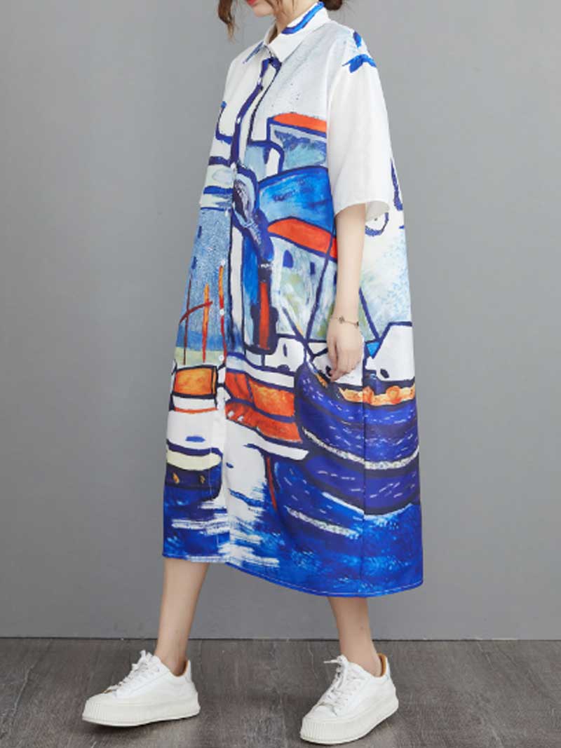 Abstract Art Print Cotton Short Sleeve A-Line Shirt Dress 6