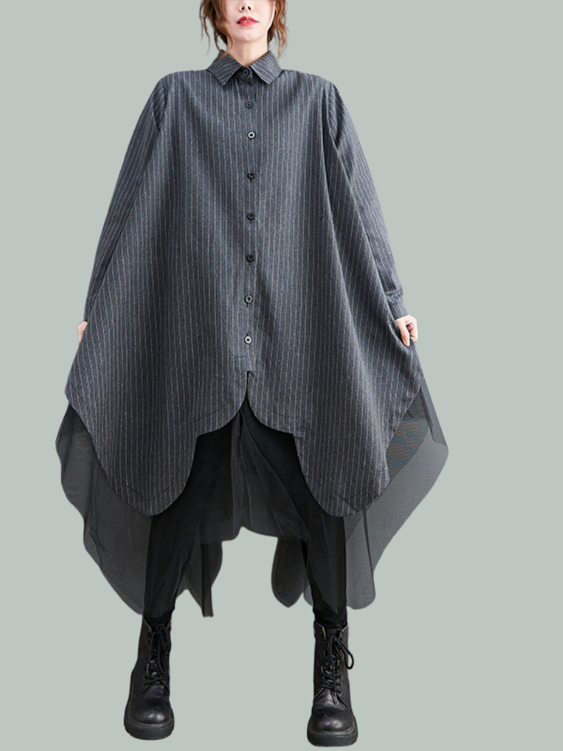 Pinstripe Long Sleeve Button Down Mesh Layer Shirt Dress