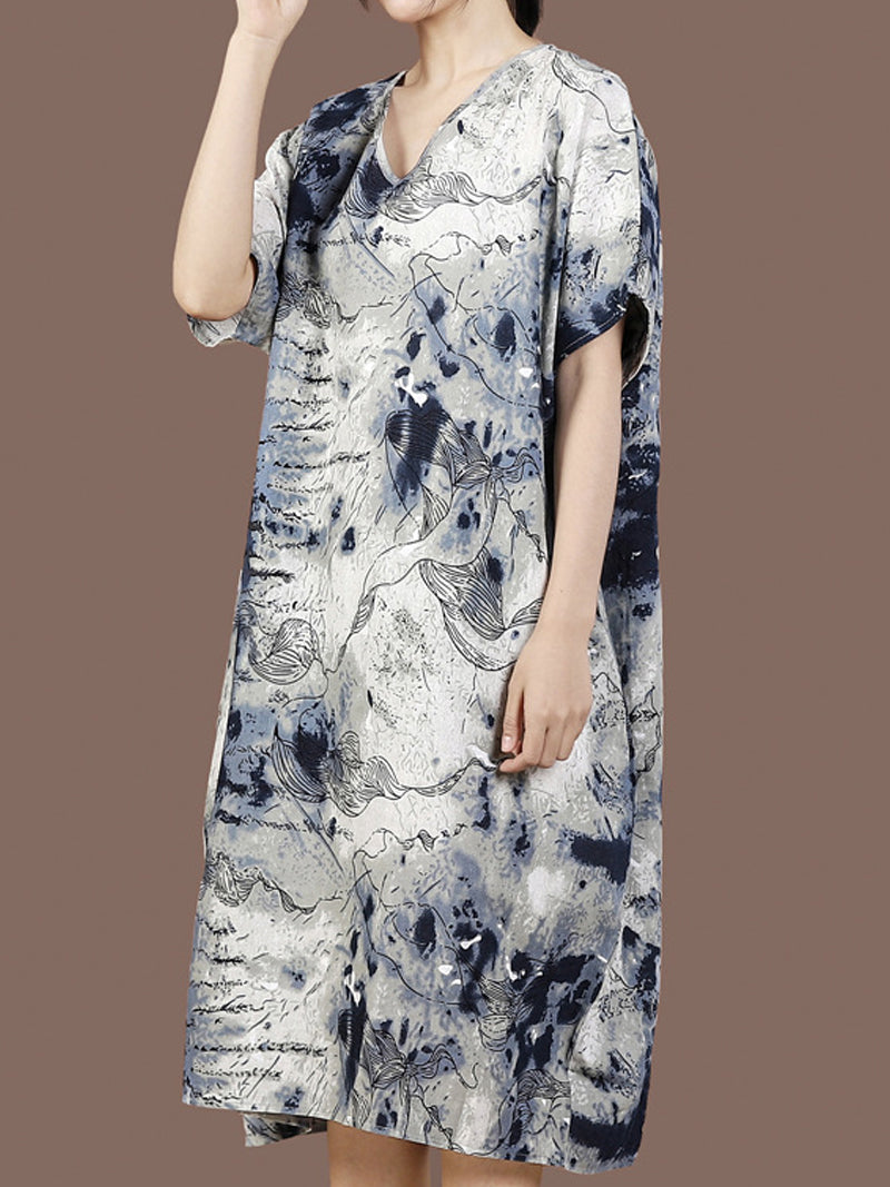 Ink-Print V-Neck Short-Sleeve Cocoon Midi Dress 5