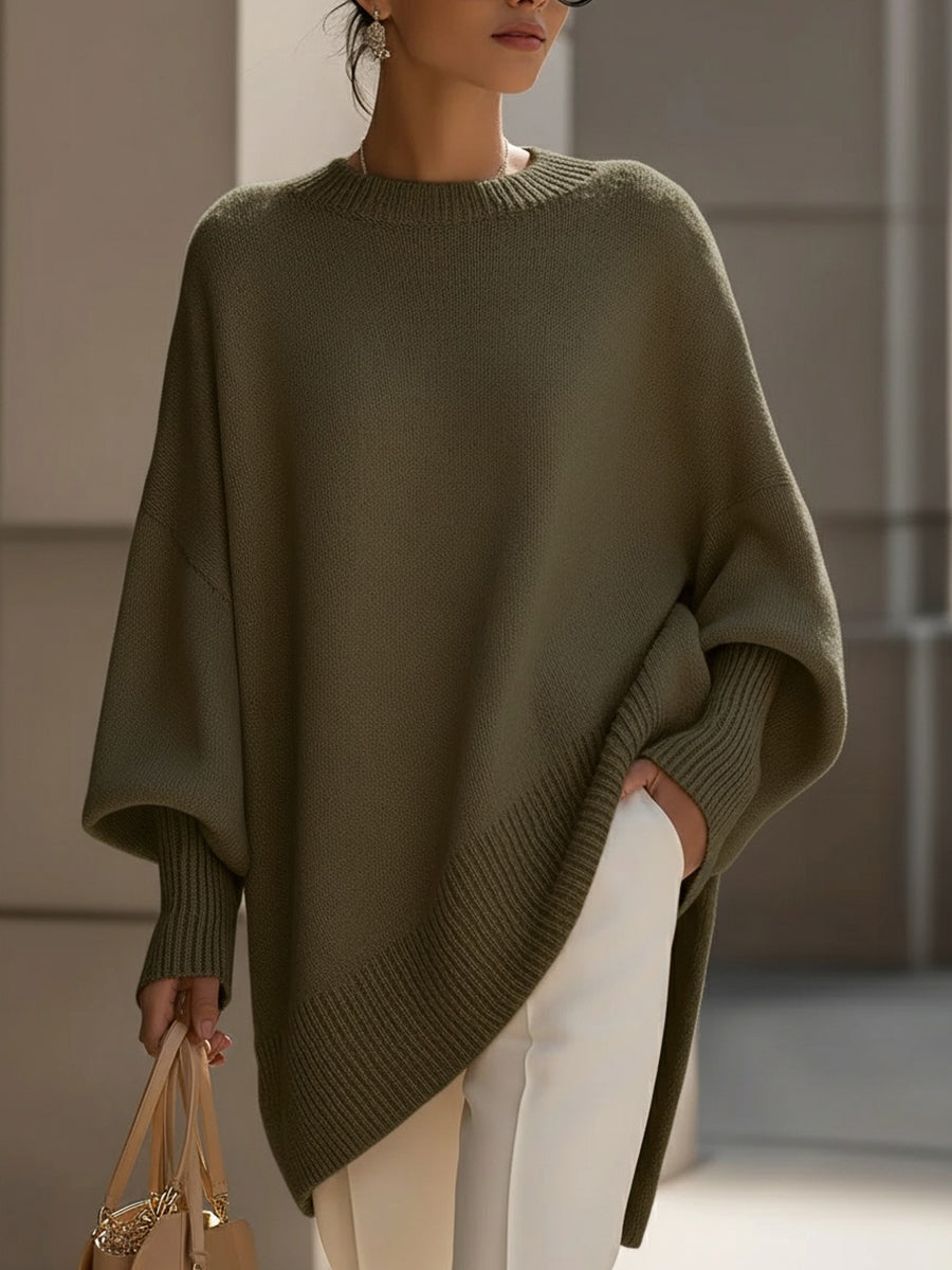Mock Neck Batwing Sleeve Asymmetric Hem Oversized Sweater 11