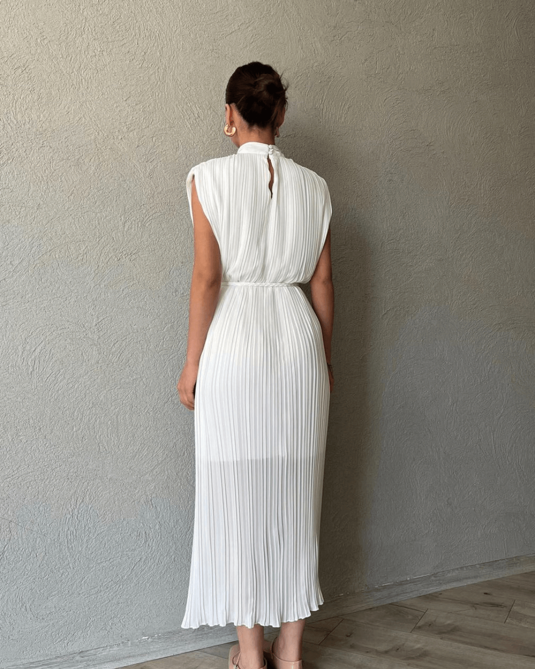 Ecru Pleated High Neck Midi Dress - Fashionpara