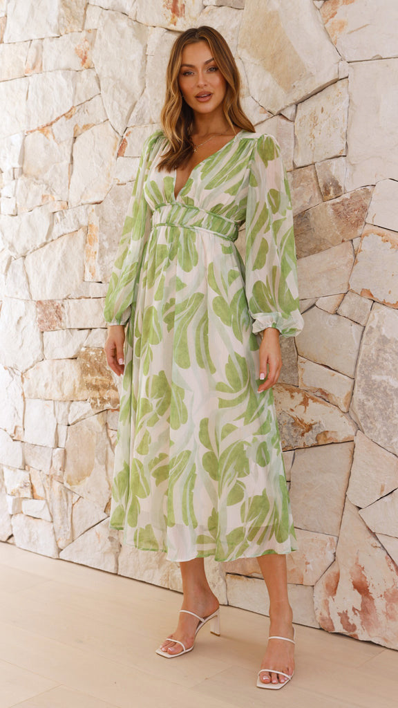 Printed V-Neck Puff-Sleeve Empire A-Line Midi Dress 5