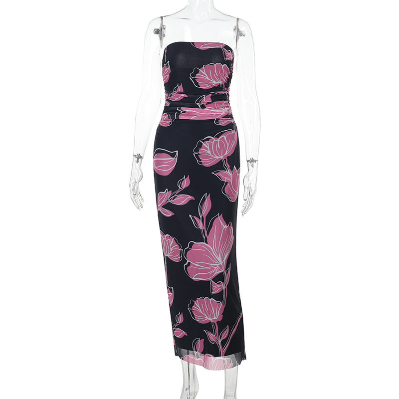 Floral Print Strapless Ruched Bodycon Maxi Dress 5