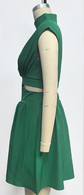 High-Neck Cap-Sleeve Cutout Pleated Mini Dress 5