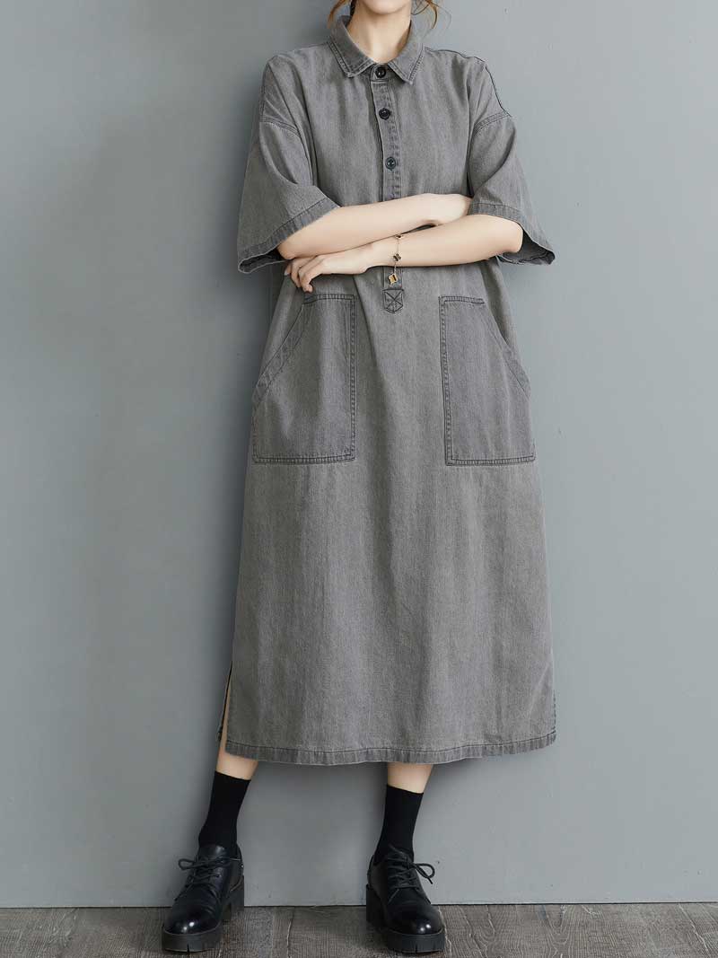 Plain Cotton Grey Color Short Sleeve Midi Dress 4