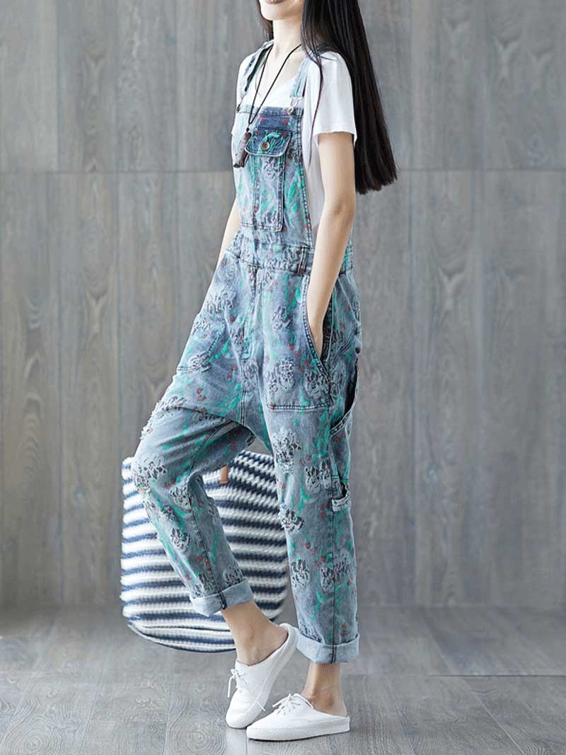 Reality Is Wrong Ripped Printed Straps Denim Overall Dungarees - Fashionpara