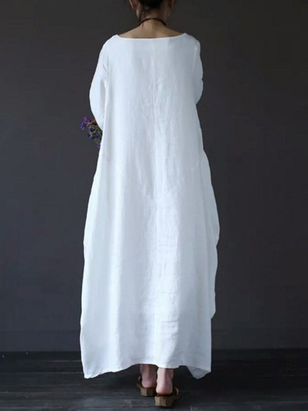 Linen Round Neck Long Sleeve Lantern Maxi Dress 6