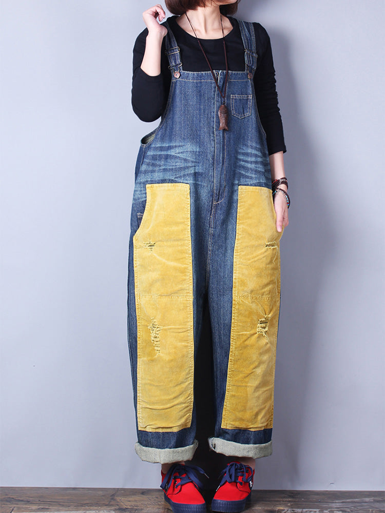 Happy Heart Color Contrast Denim Overall Dungarees - Fashionpara