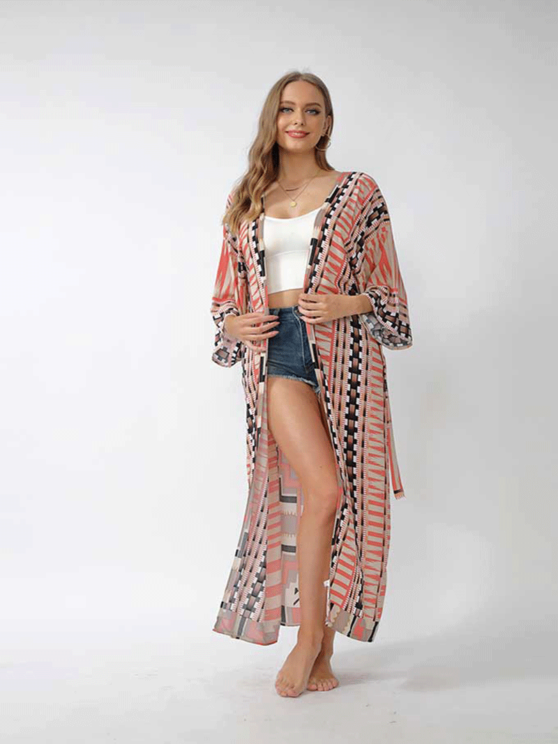Printed Different Colors Polyester Long Length Gown Kimono Duster Robe - Fashionpara
