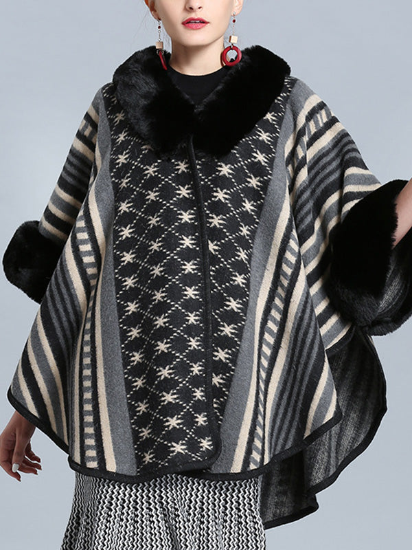 Stripe Bordeus Fluffy Neck Plus Size Cape Cardigan 4