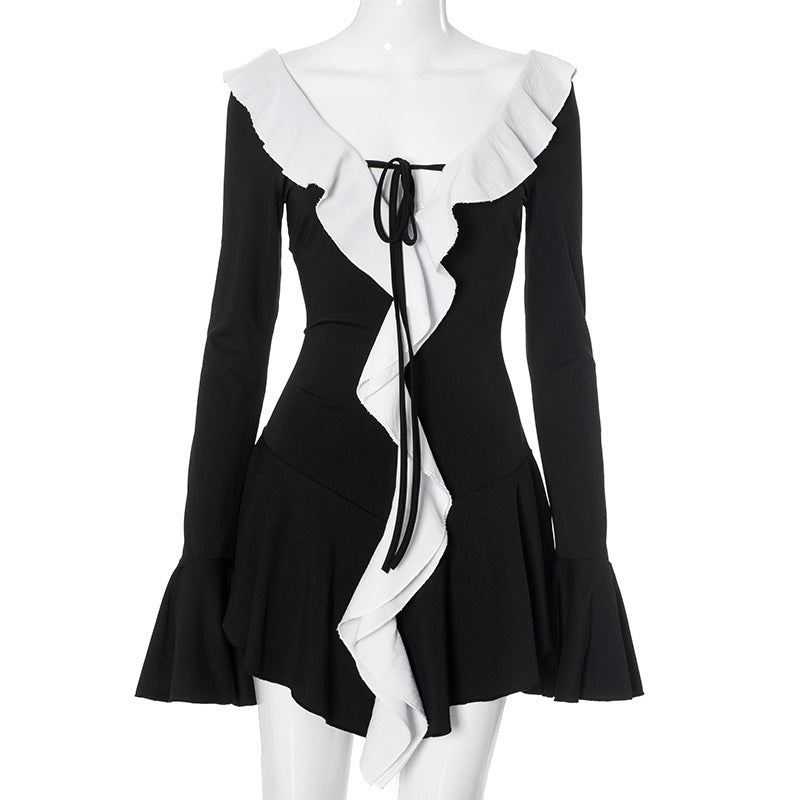 Contrast Ruffle Bell-Sleeve Tie-Front Flared Mini Dress 5
