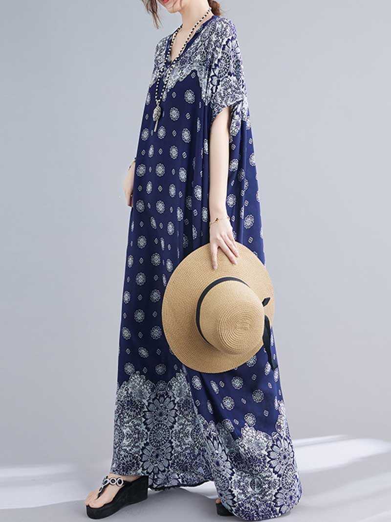 Medallion Print V-Neck Short Sleeve Kaftan Maxi Dress 4