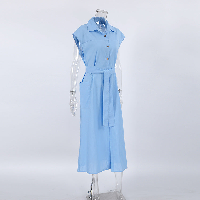 Linen Collared Short Sleeve Button-Front Belted Midi Dress 5