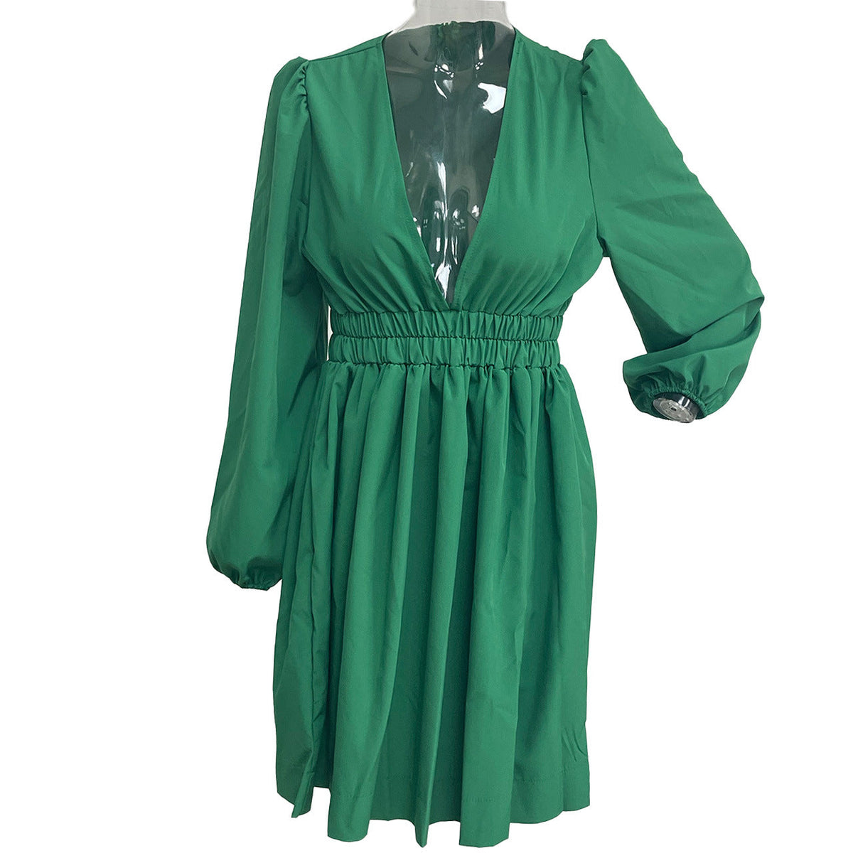 Textured Plunge V-Neck Long-Sleeve Flared Mini Dress 5