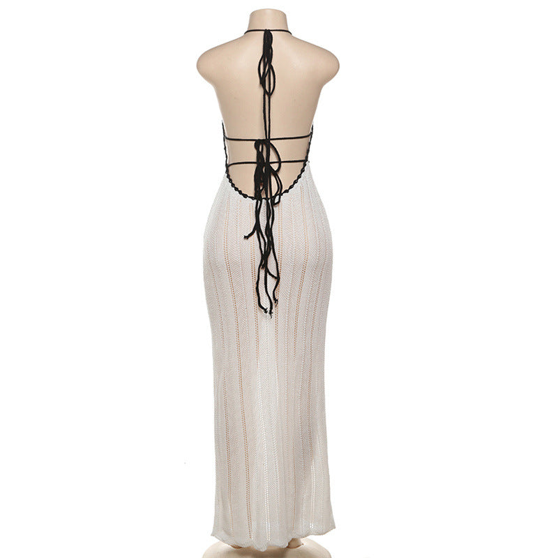 Knit Halter Neck Deep V-Neck Contrast Trim Waist Maxi Dress - View 5