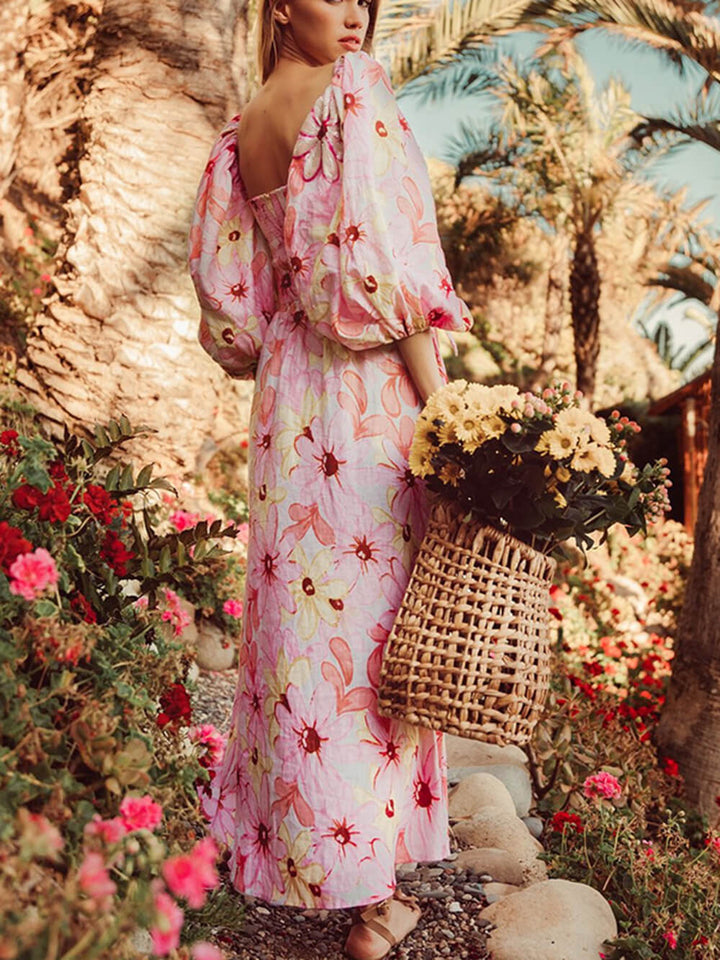 Pastel Blooms Puff Sleeves Midi Dress - Fashionpara