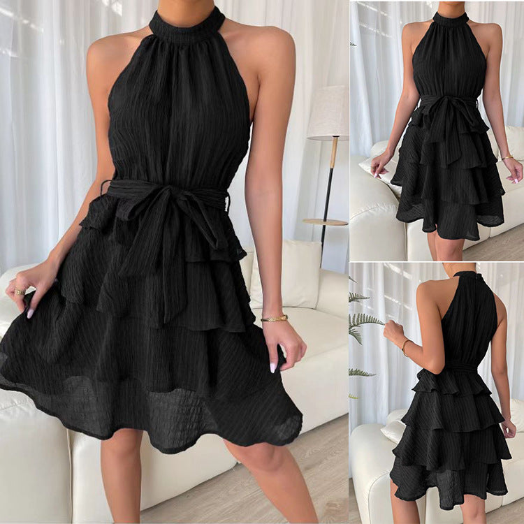 Chiffon Halter Neck Belted Tiered Mini Dress 5