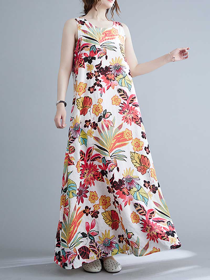 Sleeveless Cotton Floral A-Line Dress - Fashionpara