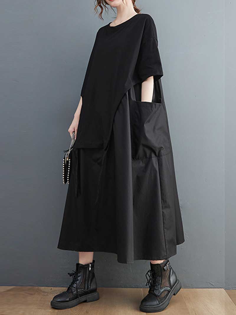 Cotton Round Neck Short Sleeve Drawstring A-Line Midi Dress 3