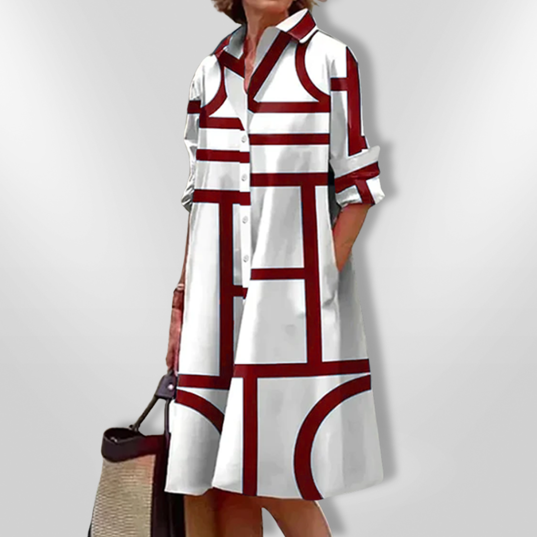 Geometric Print Collared Button Front Long Sleeve Midi Dress 2