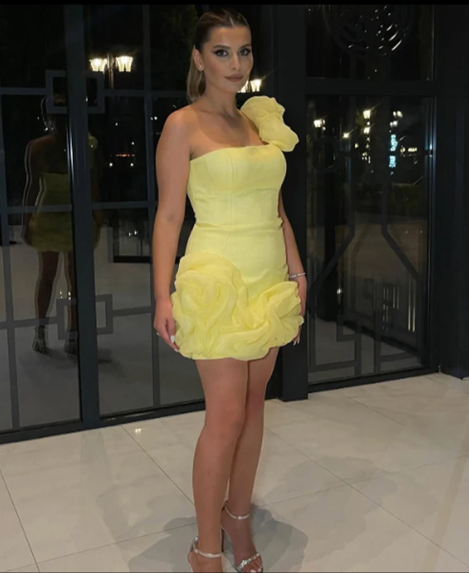 Pretty One Shoulder Yellow Satin Organza Sheath Cocktail Dress Short 8th Grade Homecoming Dress D610