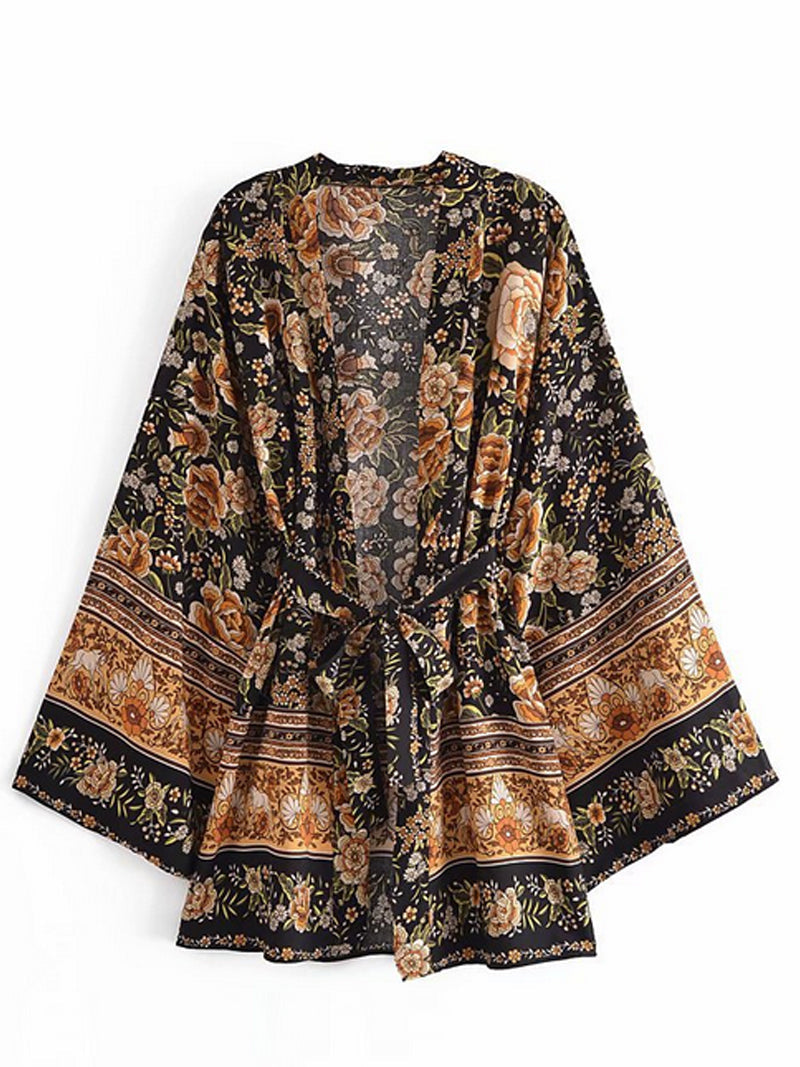 Short Length Floral Print Black Color Cotton Gown Kimono Duster Robe - Fashionpara