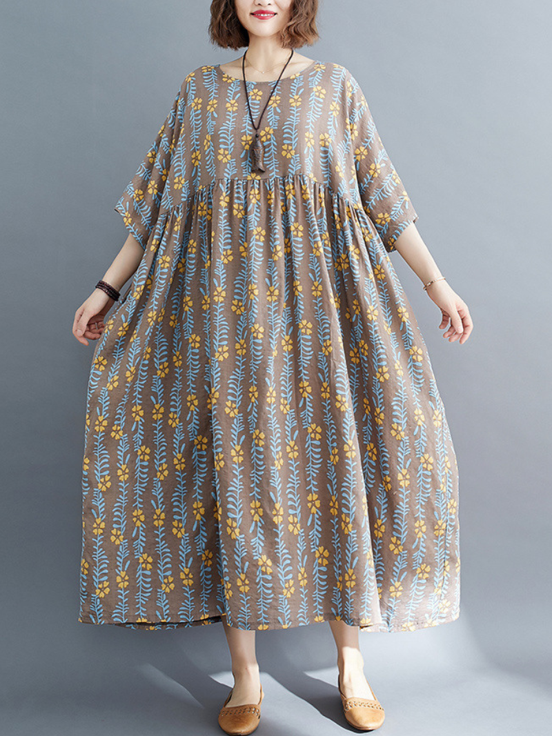 women summer loose round neck print short-sleeved plus size mid-length smocked dress - Fashionpara