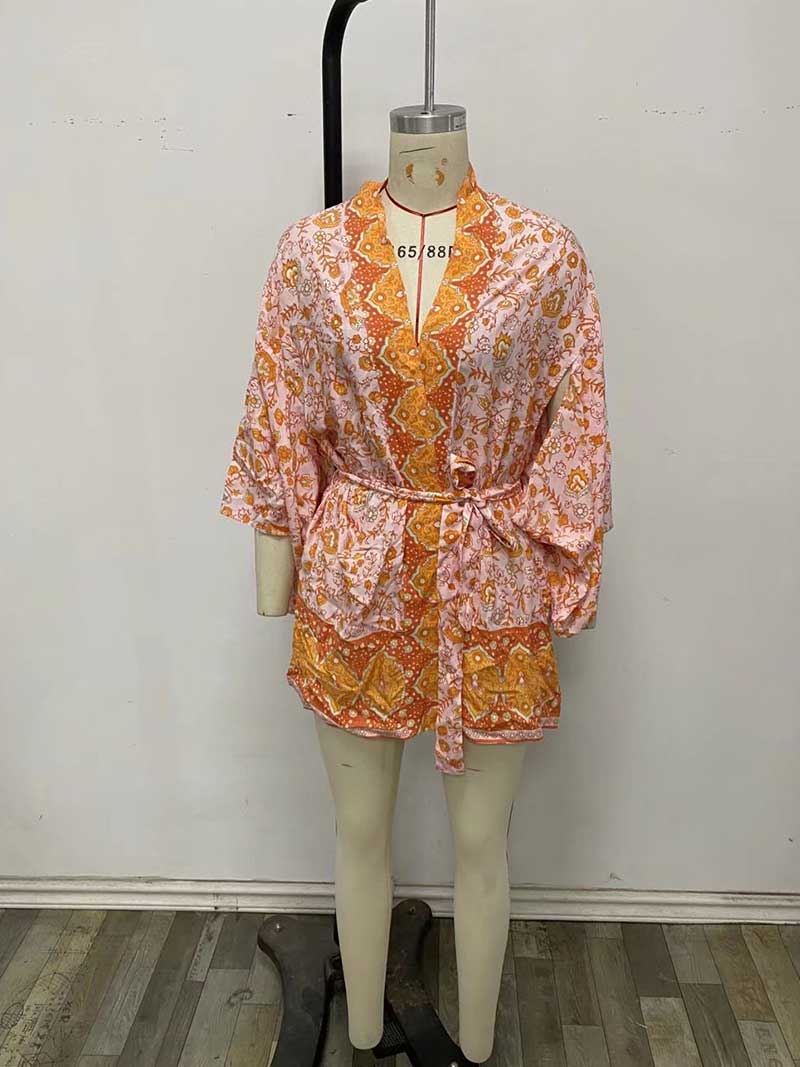 Short Floral Print Brown, Purple Orange Color Cotton Short Length Gown Kimono Duster Robe - Fashionpara