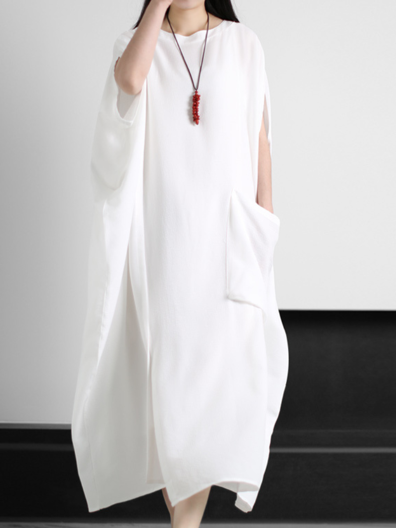 Linen Round Neck Cape-Sleeve Pocket Oversized Maxi Dress