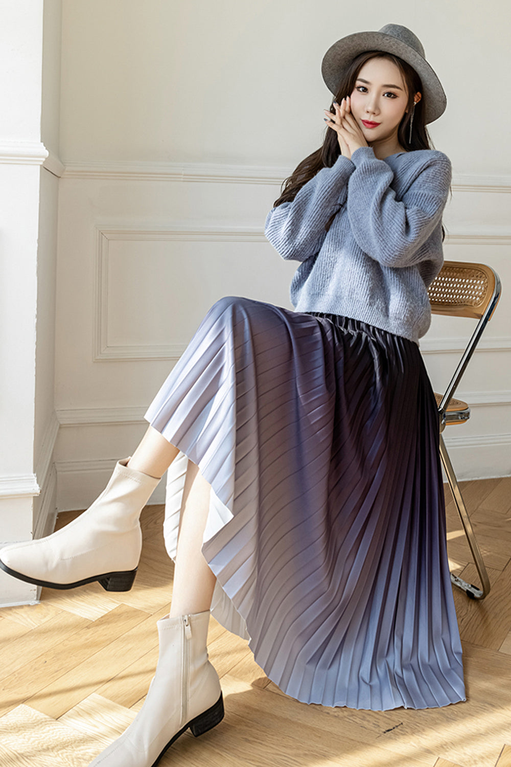 High Waist Pleated Gradient Colors Skirts - Fashionpara