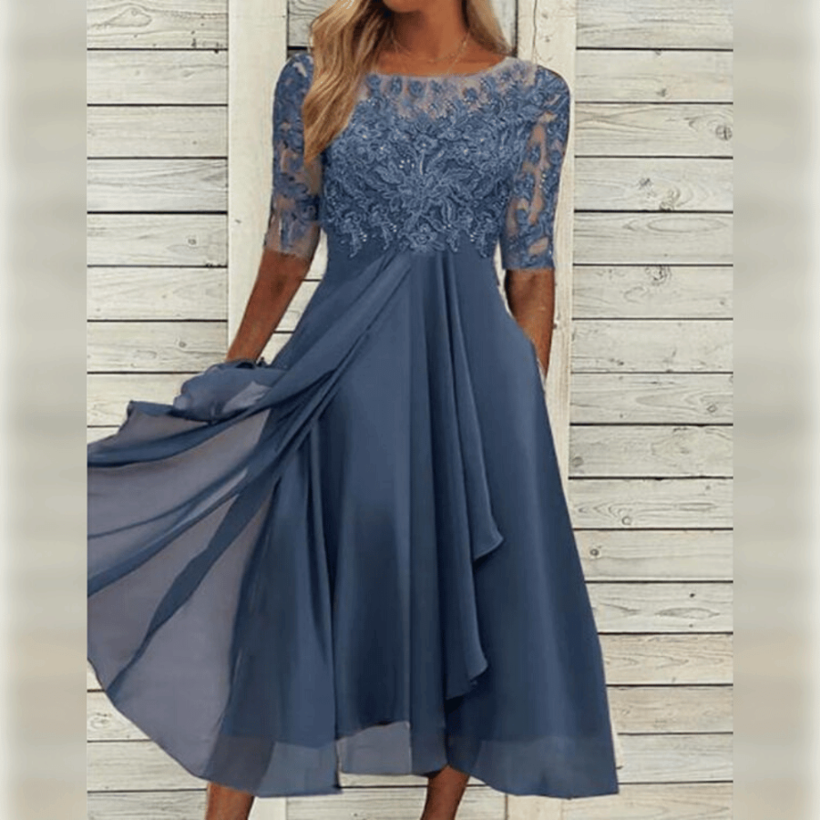 Chiffon Round Neck Half Sleeve Lace A-Line Midi Dress