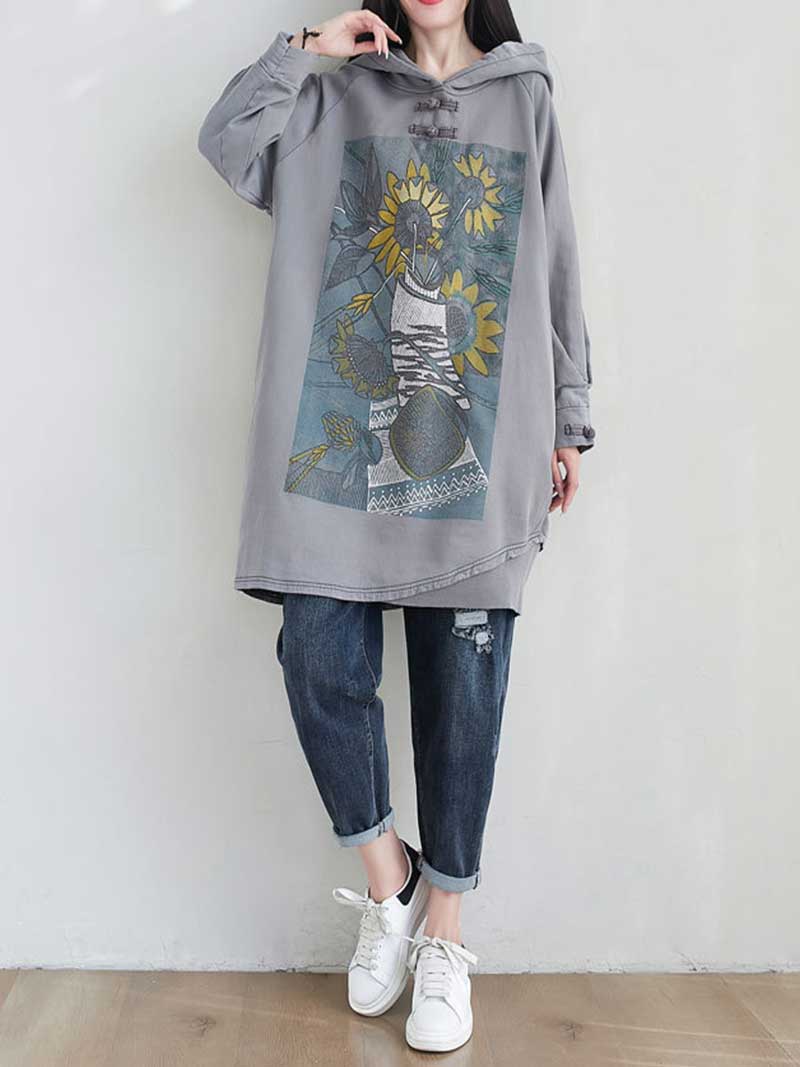 City Of Stars Floral Print Hooded Sweater Midi Dress - Fashionpara