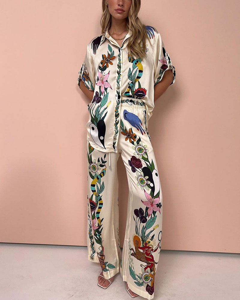 Flower jungle print casual two-piece set - Fashionpara