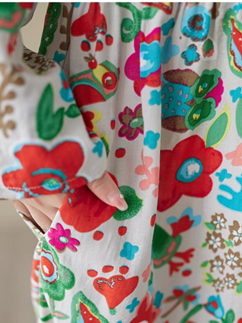 Chic Bohemian Long-sleeved floral Smock Dress - Fashionpara