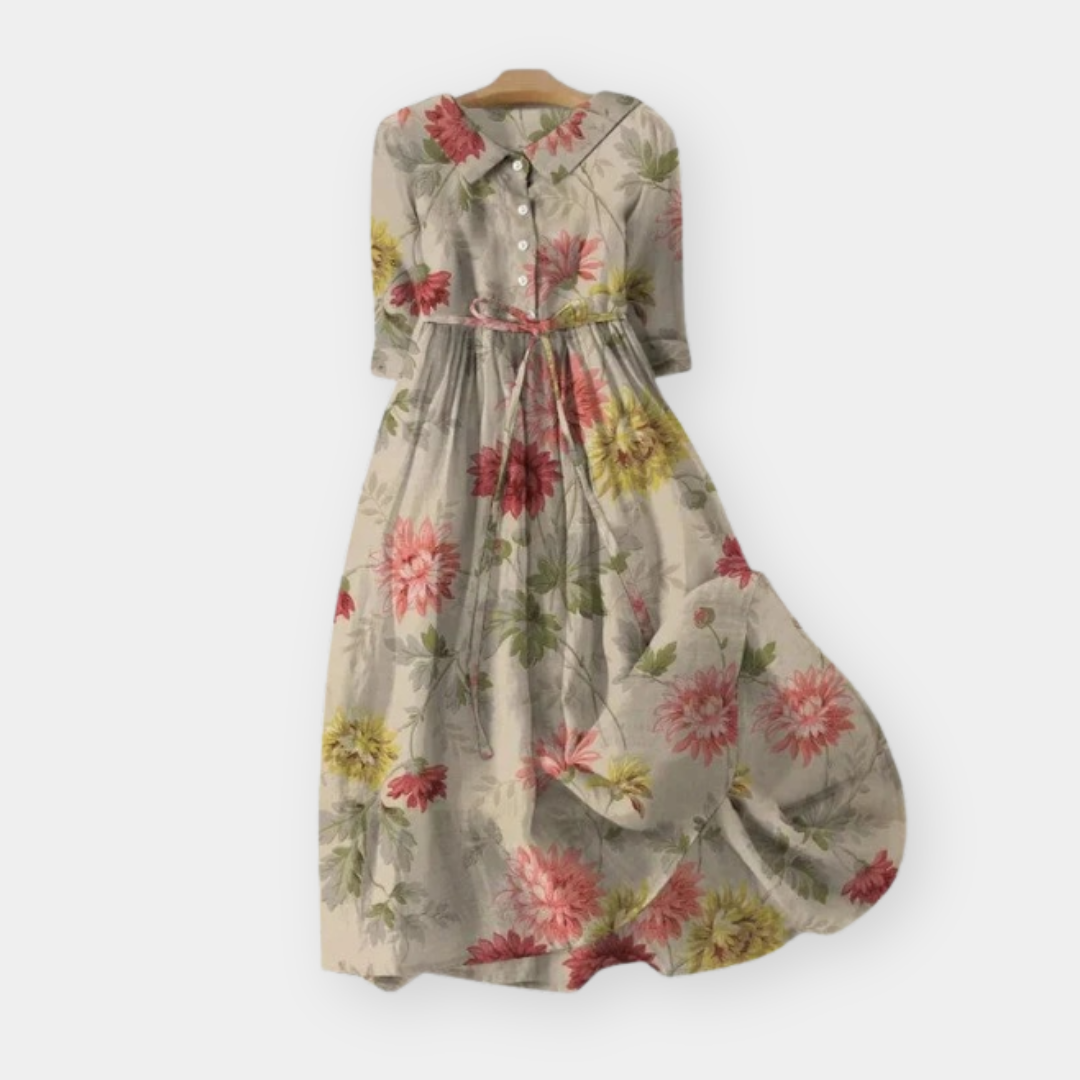 Dahlia Floral Collared Half Sleeve Tie Waist Midi Dress
