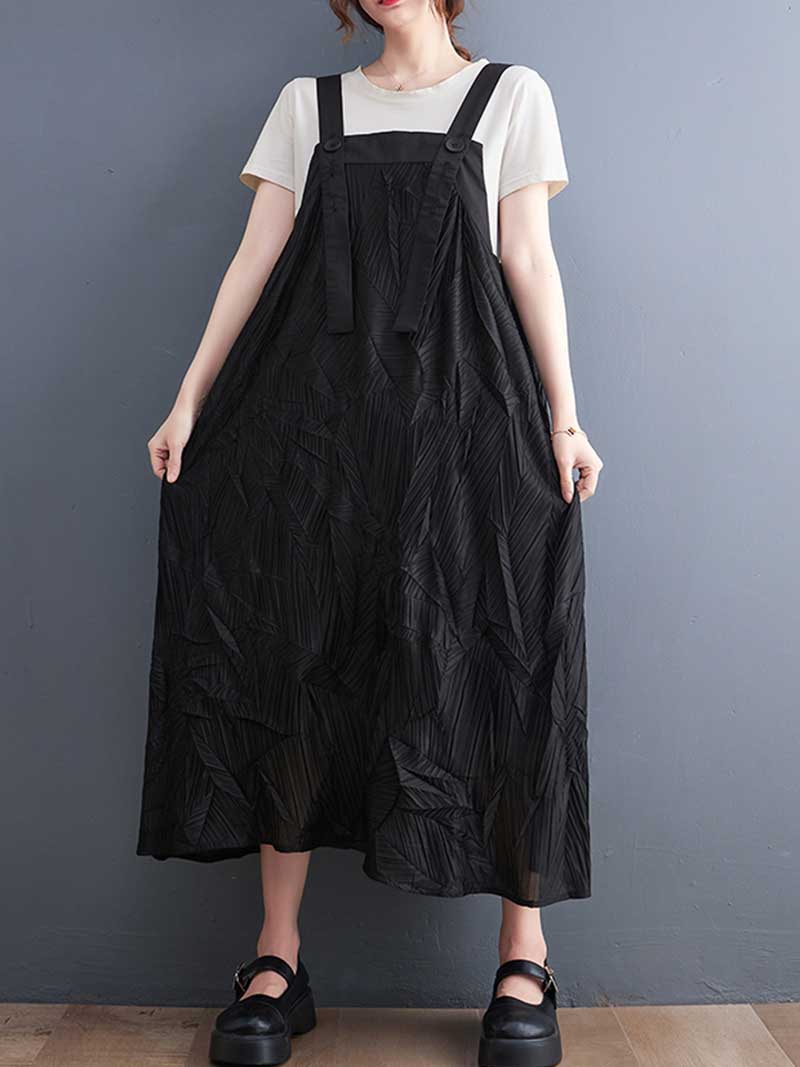 Pleated Cotton Black Color Salopette Dress - Fashionpara