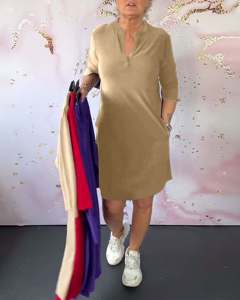Split Neck Mandarin Collar Elbow Sleeve Pocket Shift Midi Dress - View 7