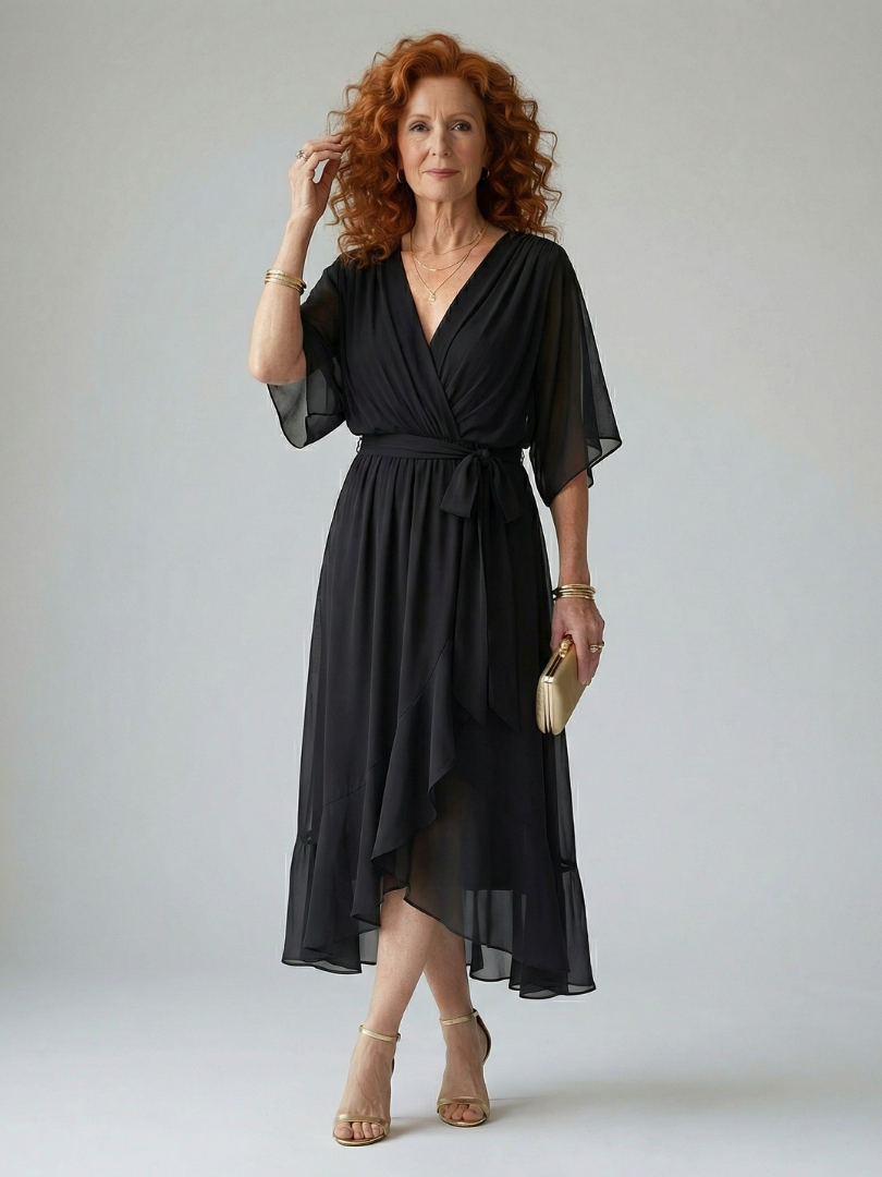 Chiffon Wrap V-Neck Flutter Sleeve Belted High Low Midi Dress 4