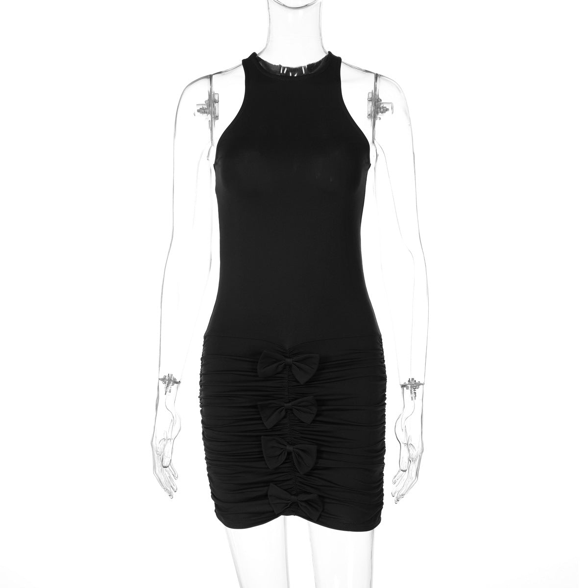 High-Neck Sleeveless Lace-Up Ruched Bodycon Mini Dress 5