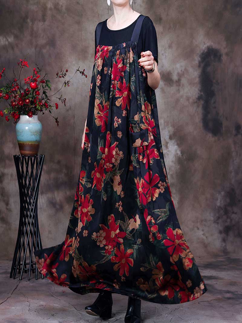Always Glowing Printed Pleated Pocket Maxi Salopette Dress - Fashionpara