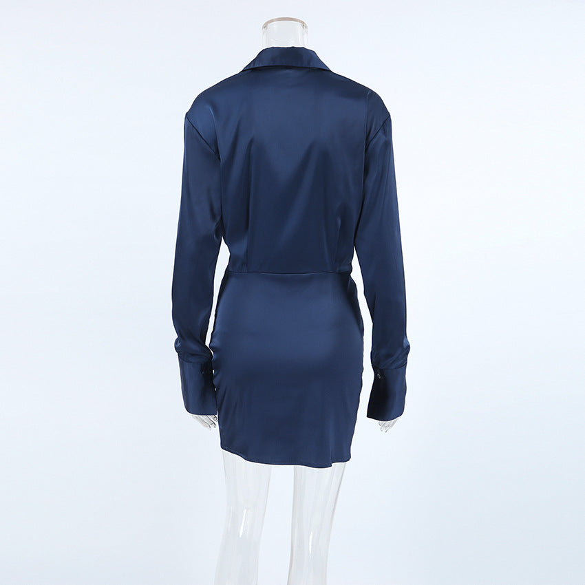 Satin Collared Cowl-Neck Long-Sleeve Mini Dress 5
