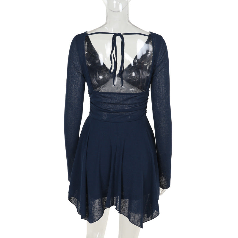 Knit Deep-V Long-Sleeve Ruched Flared Mini Dress 5