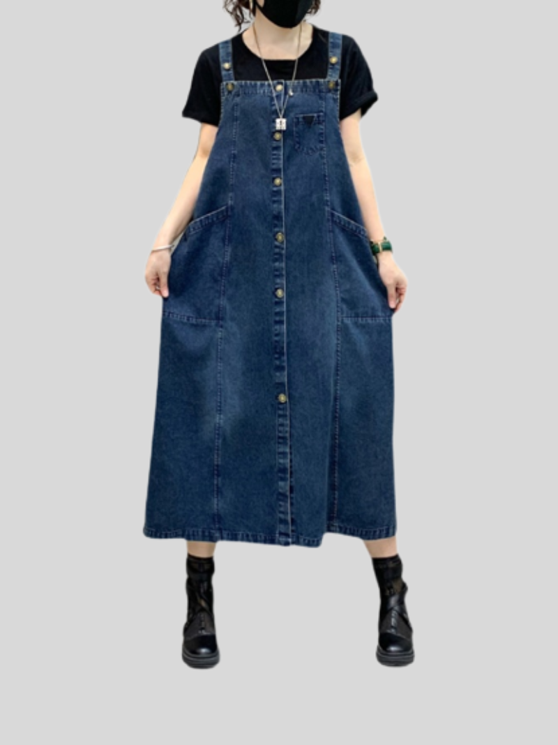 Denim Button-Front Suspender Strap Pocket A-Line Midi Dress 5