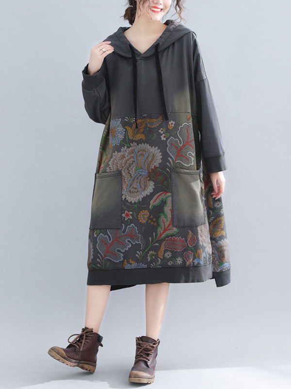 Jo V-Neck Hooded Sweatshirt Floral Prints Shift Dress - Fashionpara