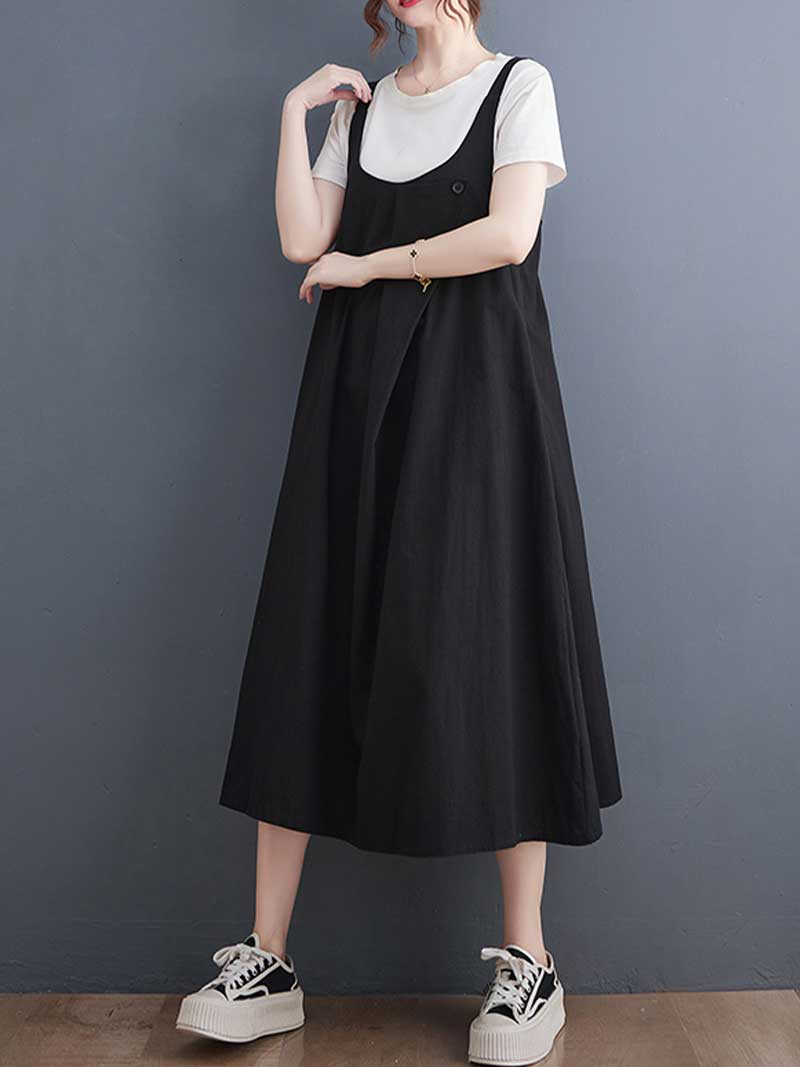 Plain Cotton Round-Neck Salopette Dress - Fashionpara
